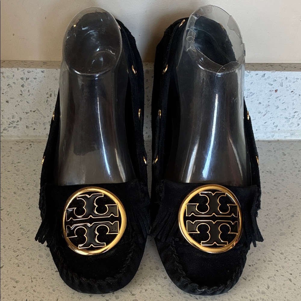 Tory Burch Black Suede Moccasins with Gold Logo Medallion